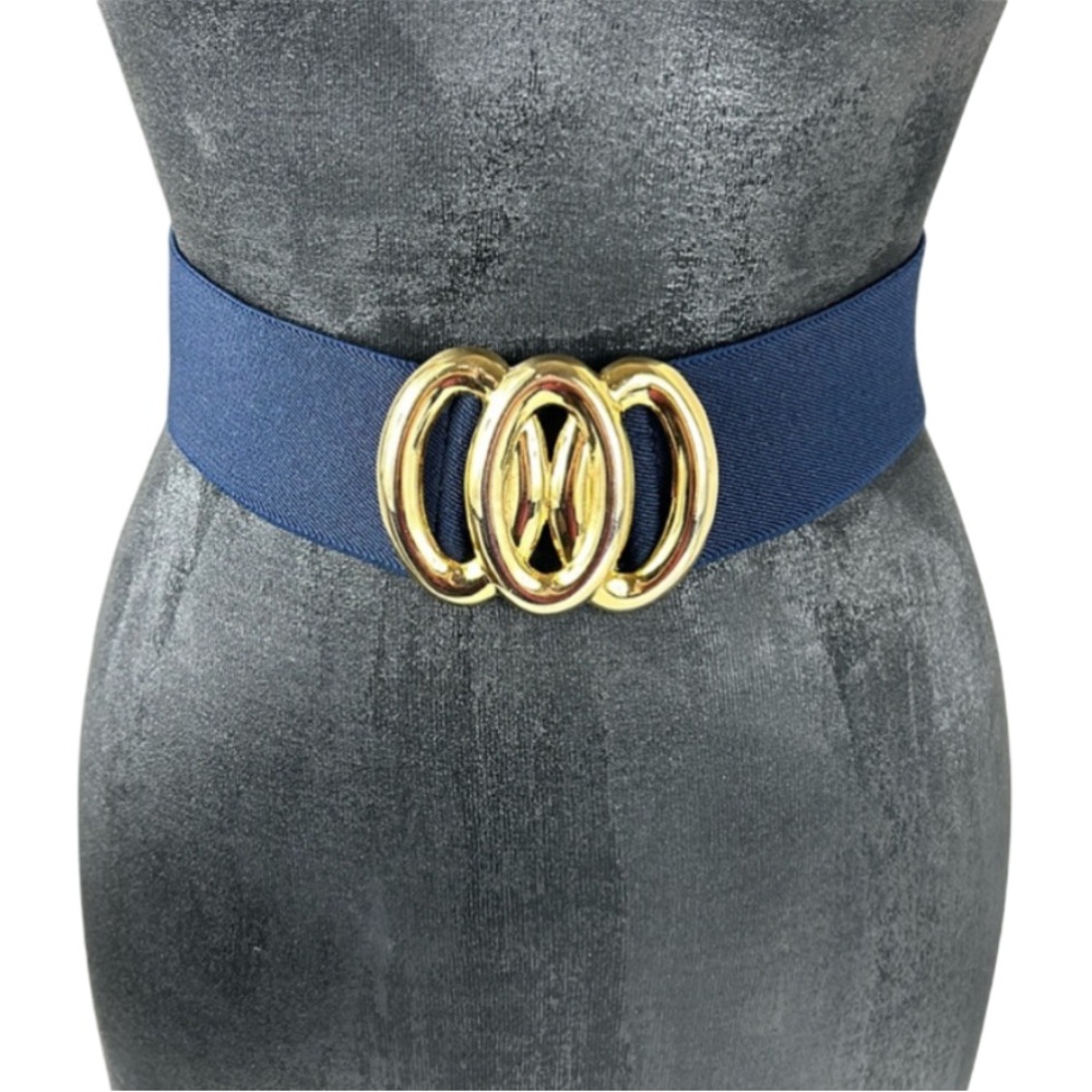 Day-Lor Belt Vintage Navy Blue Gold Tone Buckle Elastic Stretch